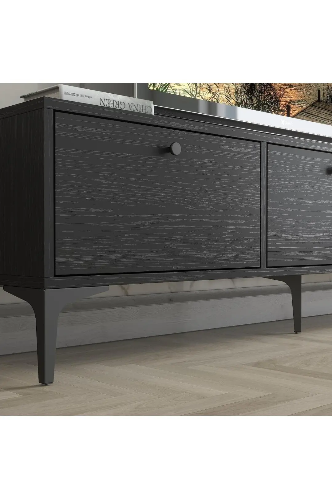 Etna Premium Metal Ayaklı Dolaplı 160 Cm Tv Ünitesi - Wood Siyah / Siyah